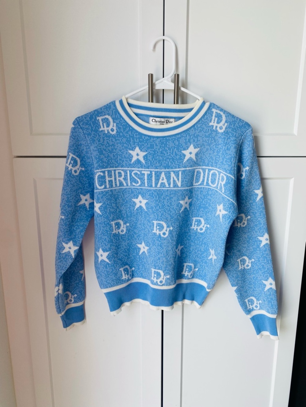 Christian Dior Star Intarsia Knit Sweater womens light blue logo medium